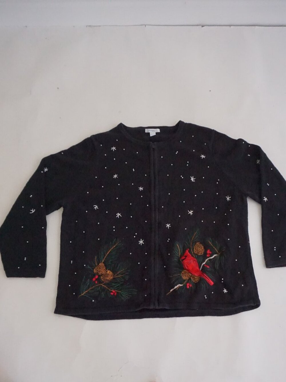 Vintage Dressbarn Black Red Cardinal Pinecone Snowflake Christmas Cardigan 3X